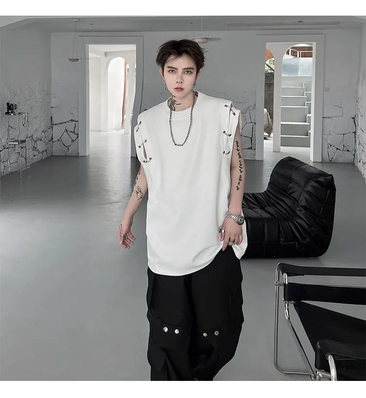 Voguable Stylish High Street Original Sleeveless T-shirts Men's 2024 Summer New Trendy Metal Buckle Decorate Male Vets Tops voguable