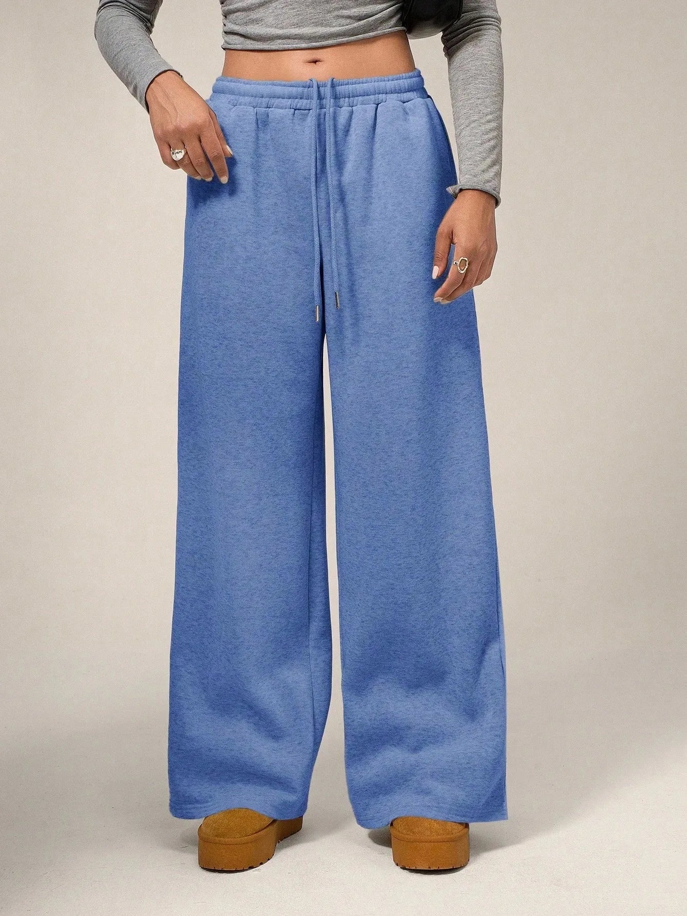 Voguable  High Waisted Drawstring Solid Color Loose Fit Women's Wide Leg Pant Autumn and Winter New Simple Straight Leg Pants Fashion voguable