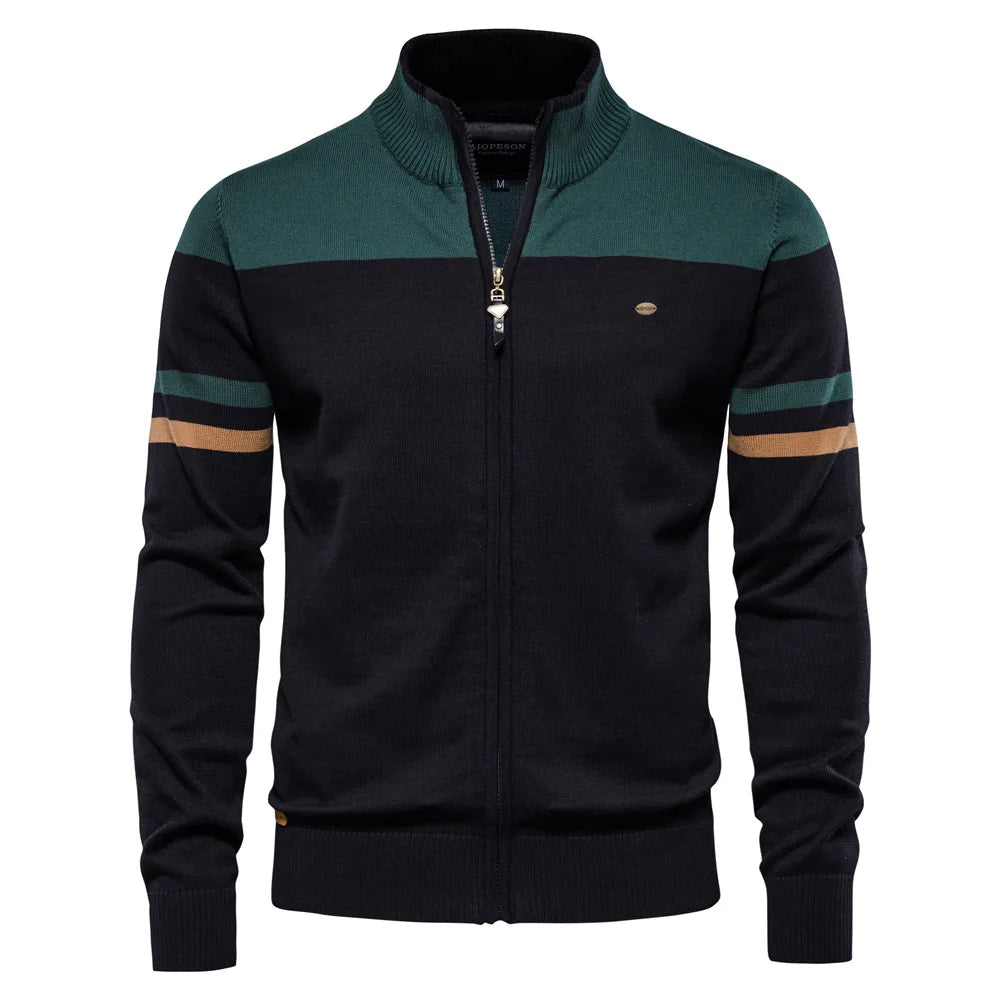 100% Cotton Mens Zipper Cardigan Sleeve Striped  Autumn Winter Casual Patchwork Fashion Youth Knitted Sweaters For Men voguable