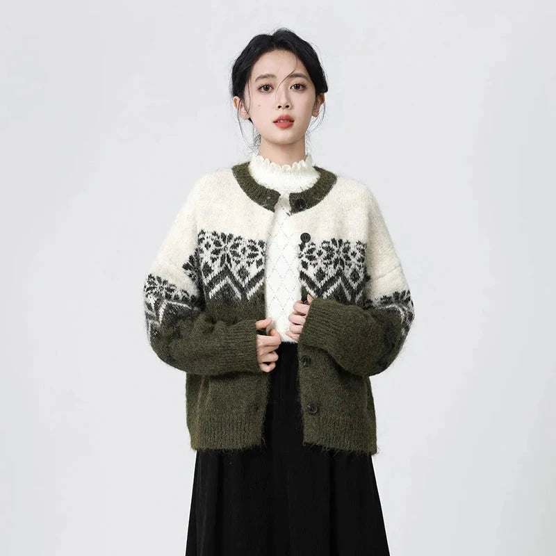 Women O Neck Retro Print Cardigan Sweaters Casual Lazy Wind Long Sleeve Knitted Short Coat Fall Winter Vintage Harajuku Lady Top voguable