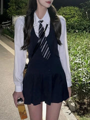 Voguable  Casual Korean Style Two-piece Dress Women 2023 Autumn White Long Sleeve Shirt Elegant High Street Sleeveless Mini Strap Dress voguable