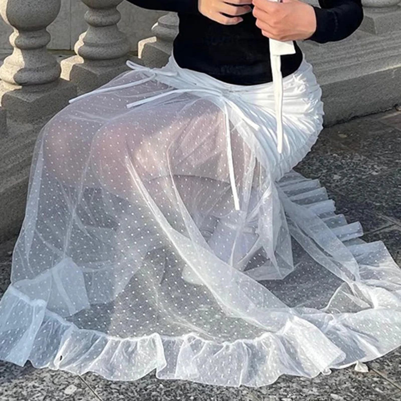 Voguable Sexy Pleated Drawstring  See Through Mesh Patchwork Long Skirt White Fairycore Aesthetic Ruffle-line Maxi Skirts Korean voguable