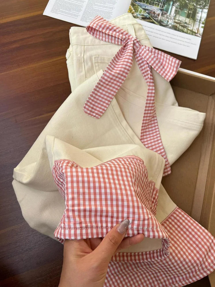 Plaid Patchwork Sweet Jeans Women Elegant Bow High Waist Denim Pant Fall Winter Loose Casual Female Fashion Wide Leg Trousers voguable