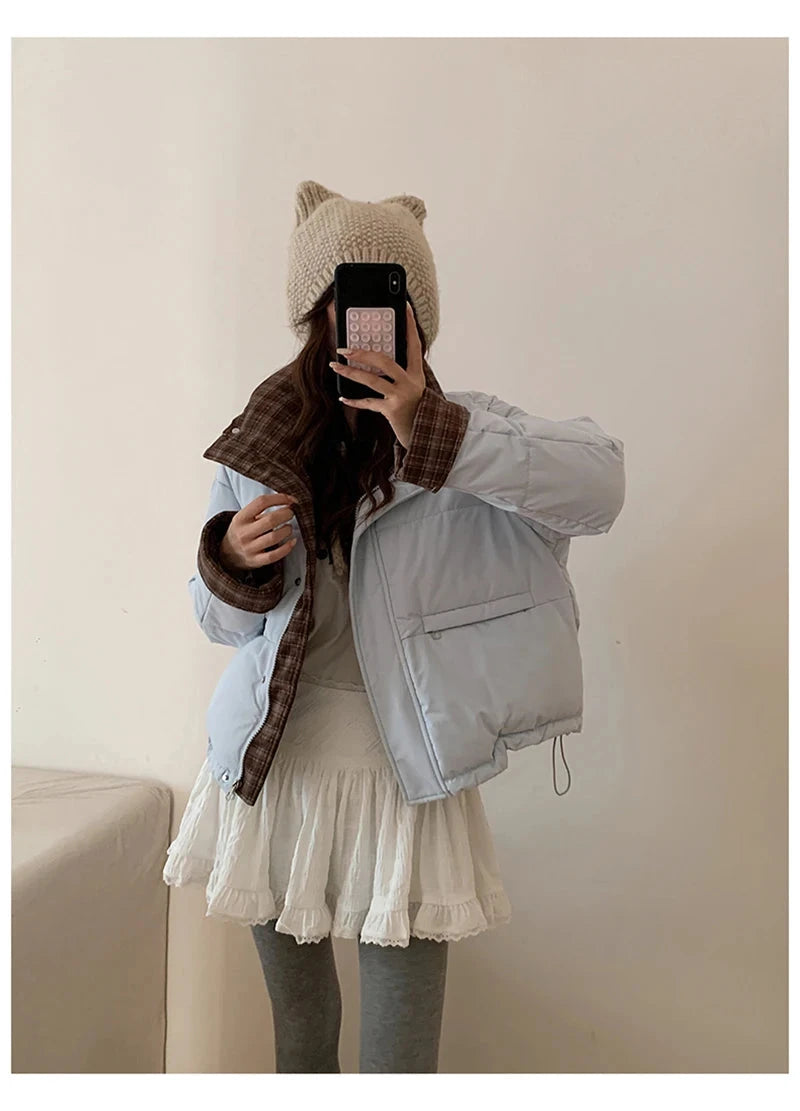 Winter Retro Puffy Parkas Women Warm Thick Plaid Patchwork Cute Coat Casual Preppy Style Korean Long Sleeve Cotton Jackets voguable