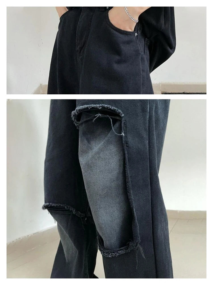 Voguable Ripped Jeans for Men Wide Leg Jeans Hip Hop Denim Trousers Male Vintage Japanese Streetwear Hole Patchwork voguable