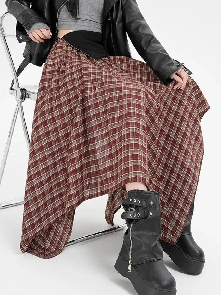 Y2K Streetwear Plaid Long Skirt Women High Waist Retro Hip Hop Irregular Skirt Fall Casual American Gothic Female Long Skirts voguable
