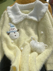 Sweet Faux Mink Cashmere Sweaters Women Kawaii Snowmen Long Sleeve Knitted Pullover Casual Cute Preppy Style Chic Loose Jumpers voguable