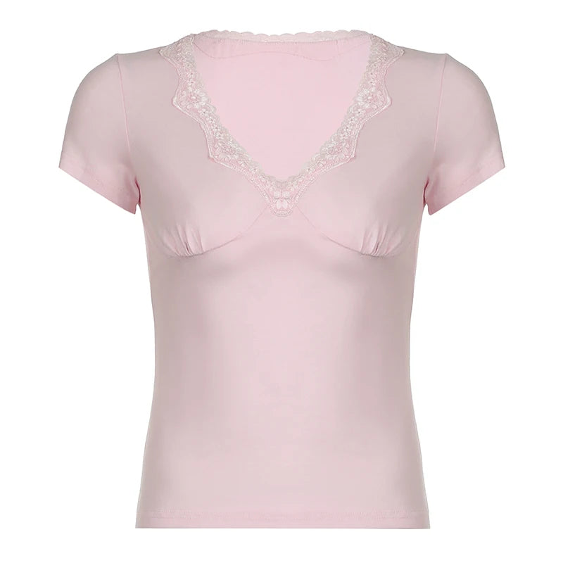 Voguable Kawaii Lace Patchwork V-neck Top Pink Casual Basic Short Sleeve T-shirts Sweet Japanese Style Y2K  Slim-fitting Tees voguable