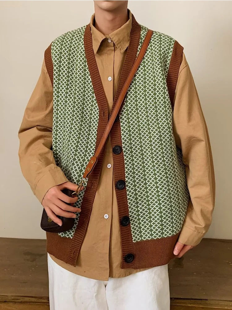 Sweater Vest Men Retro Handsome Knitwear High Street Fashion Clothing Harajuku All-match Autumn Cool Teens V-neck Kpop Japanese voguable