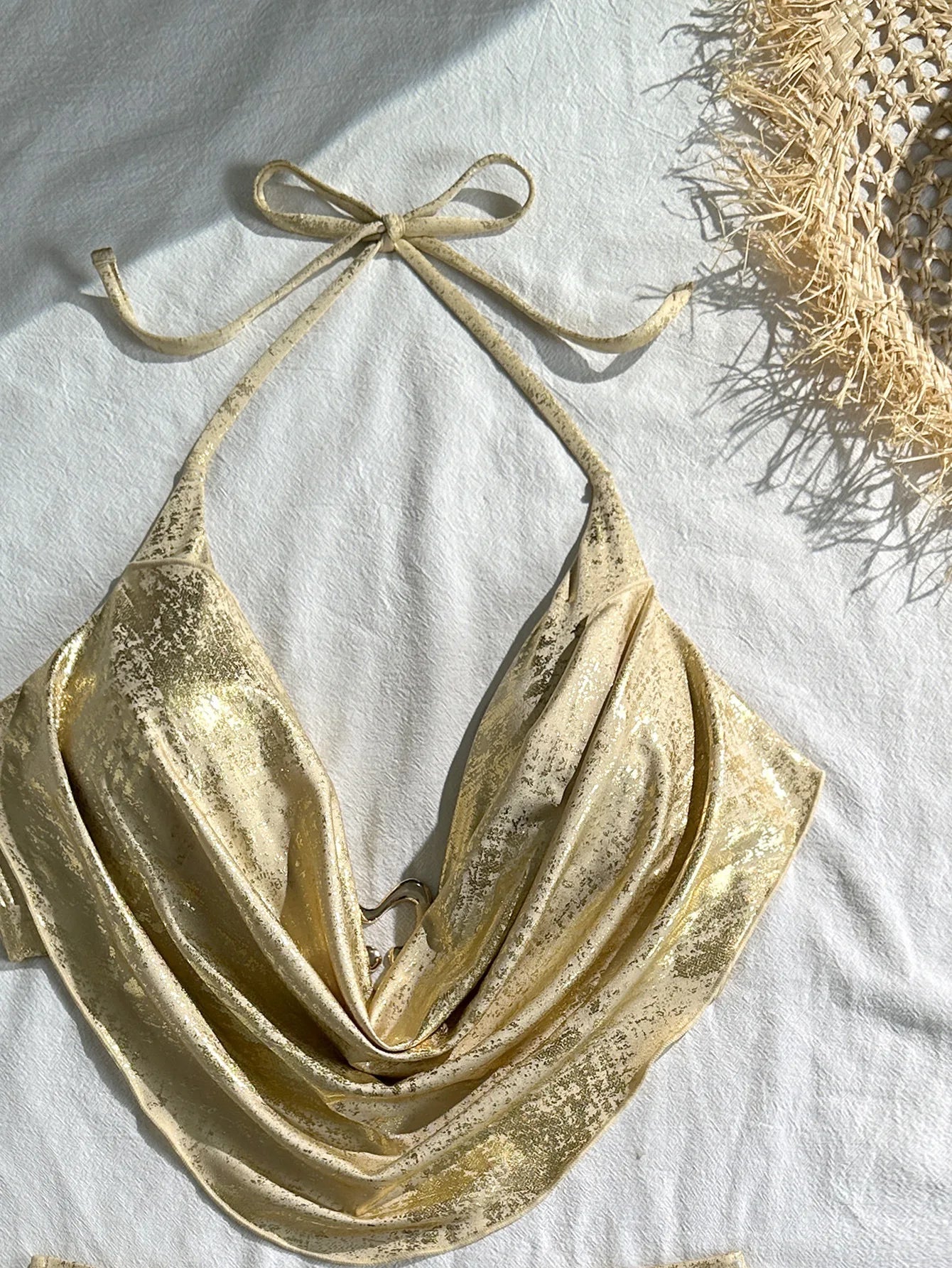 Voguable  Summer Women Shiny Gold Metallic 2 Piece Set Halter Neck with Ring Detail Ruched Top and Side Drawstring Mini Skir Beach Party voguable