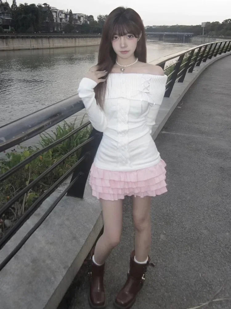 Voguable Vintage Elegant Streetwear Knitted Pullovers Women Korean Fashion Sexy Bow Bandage Slash Neck Slim Sweater Solid Chic voguable