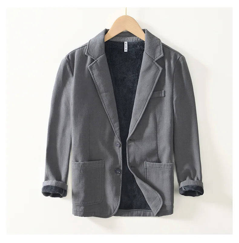 Voguable Autumn Winter New Casual Plush and Thickened Warm Suit Jacket for Men Ramie Loose Vintage Blazers for Men voguable