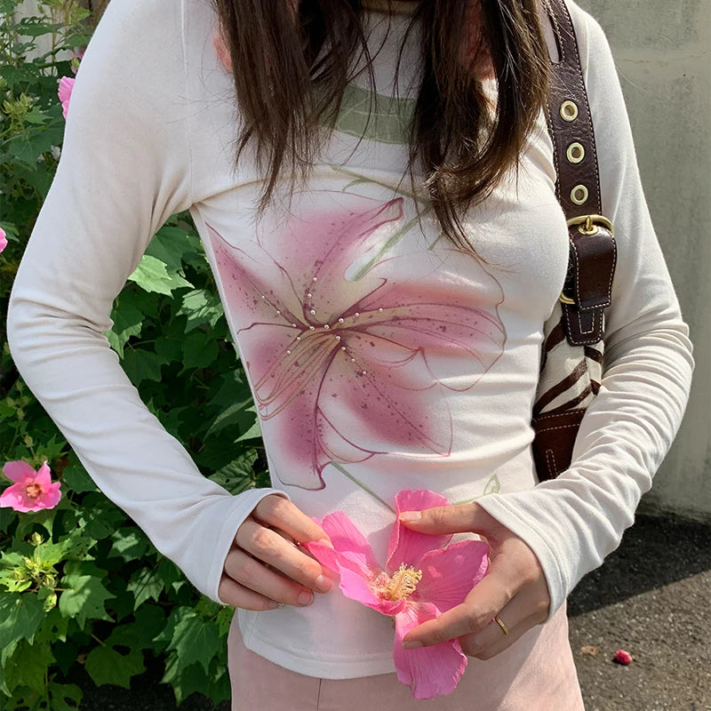 Fairy Coquette Top Women y2k Clothing Rhinestone Floral Print Round Neck Long Sleeve T Shirts 2000s Clothes Streetwear voguable