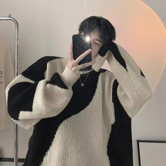 Autumn O-Neck Knit Sweater for Men Cow Patchwork Pullover Men Loose Casual Harajuku Korean Fashion Mens Oversized Sweater voguable
