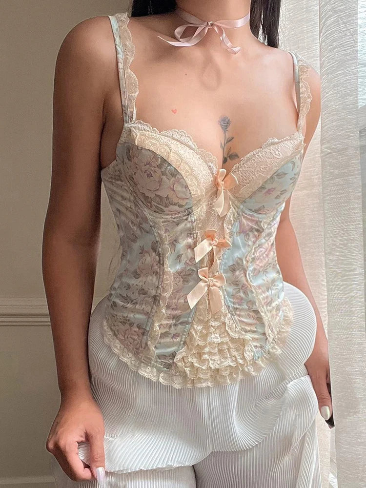 Voguable Vintage Floral Lace Bow Patchwork Camis for Women Coquette Aesthetic V Neck Corset Tops Female Y2K Aesthetic Clothes voguable