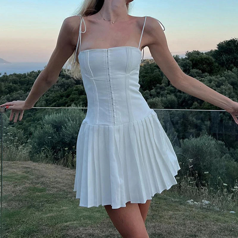 Voguable  Party Holiday A-line Pleated Sleeveless Corset Dress White Buckle Up Lace-up Straps Chic Mini Dresses High Streetwear voguable