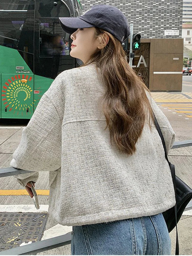 Sweet Women Loose Tweed Jackets Casual Vintage Elegant Long Sleeve Small Fragrance Coats Korean Retro All Match Fall Winter Tops voguable