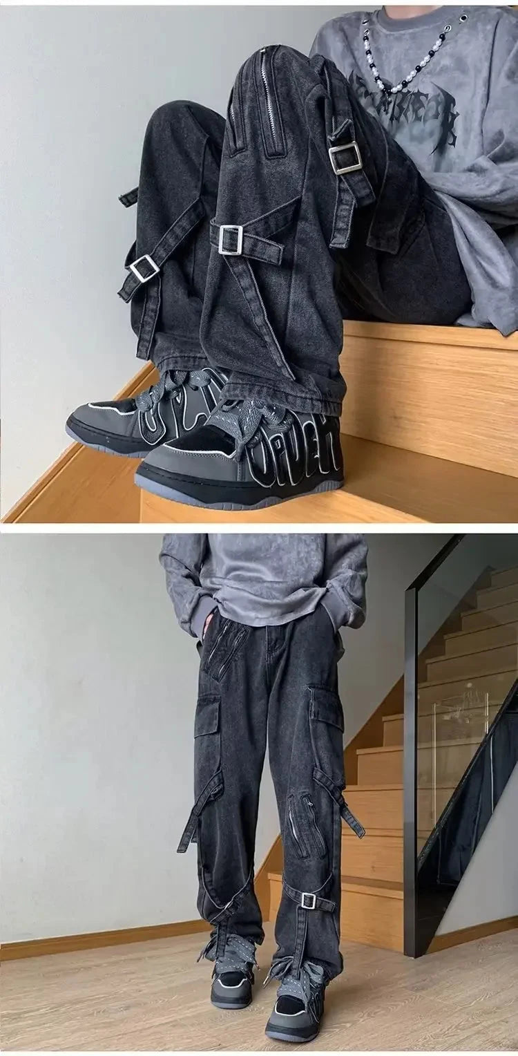 American Style Vibezip-up Trendy Jeans For Men Loose-fit Bell Bottoms Ins High Street Gangsta Style Casual Workwear voguable