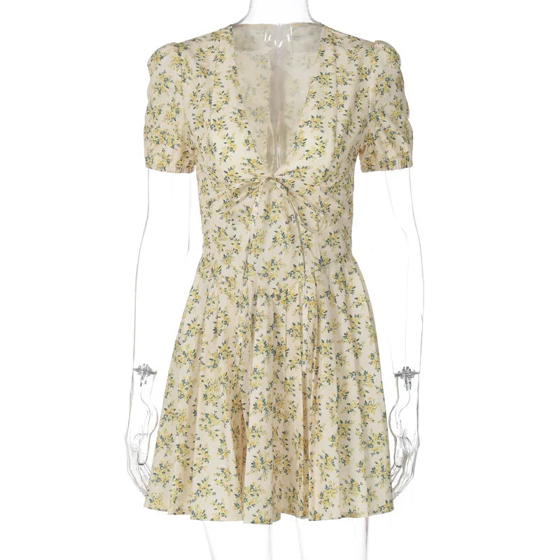 TARUXY Sexy Deep V Neck Women's Dresses 2024 Summer Fashion A-line Dress Female High Waist Pleated Printed Beach Party Dresses voguable
