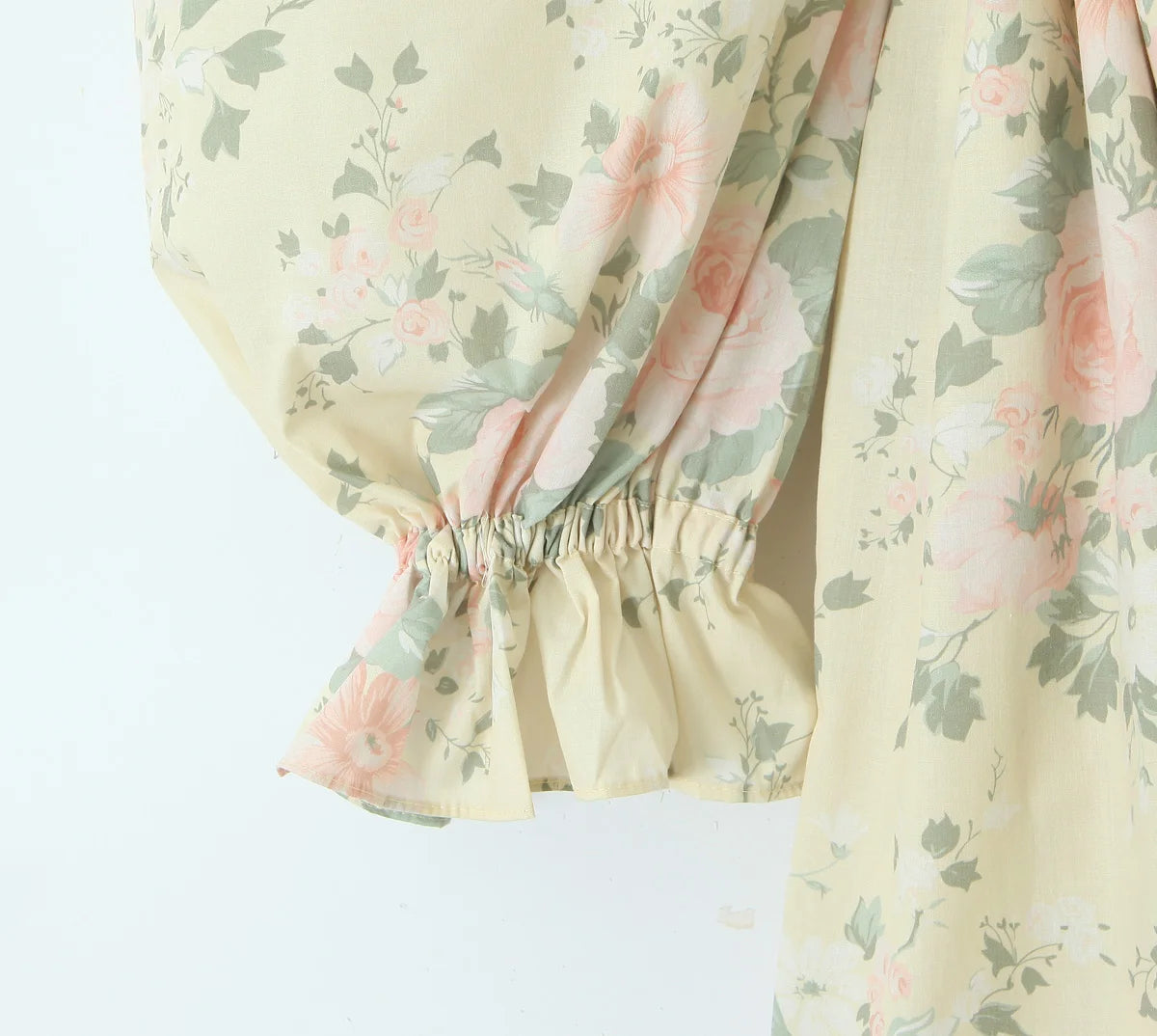 Voguable Princess Yellow Flower Print Bow Wood ears Square Collar Lantern Sleeve Dress Women Ruched Chest Ball Gown Swing Mini Robe Fairy voguable