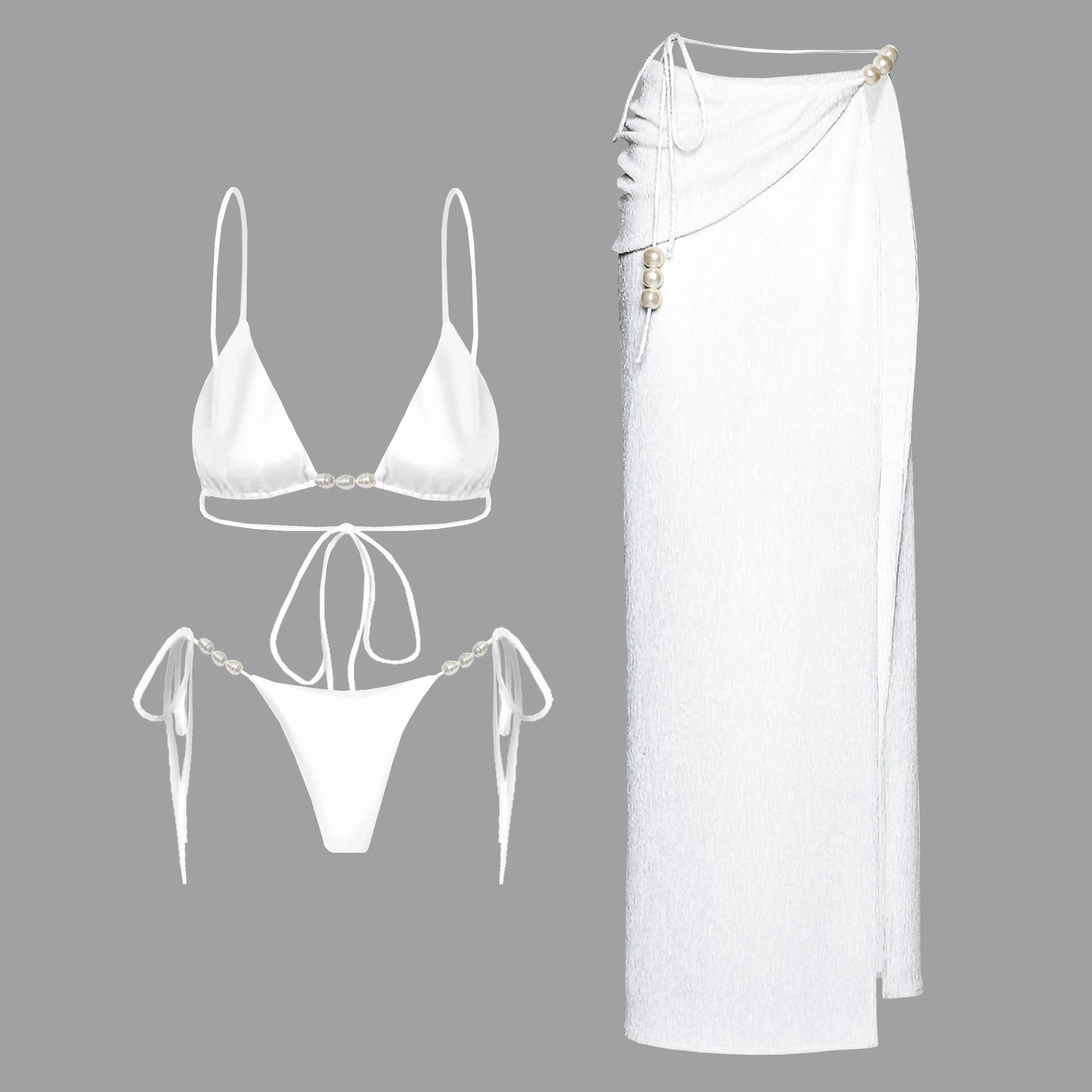 3Pcs Sexy Bikini Set With Cover Up Pearls White Swimsuit Women Halter Swimwear Female Off Shoulder Bathingsuit Biquini Beachwear voguable
