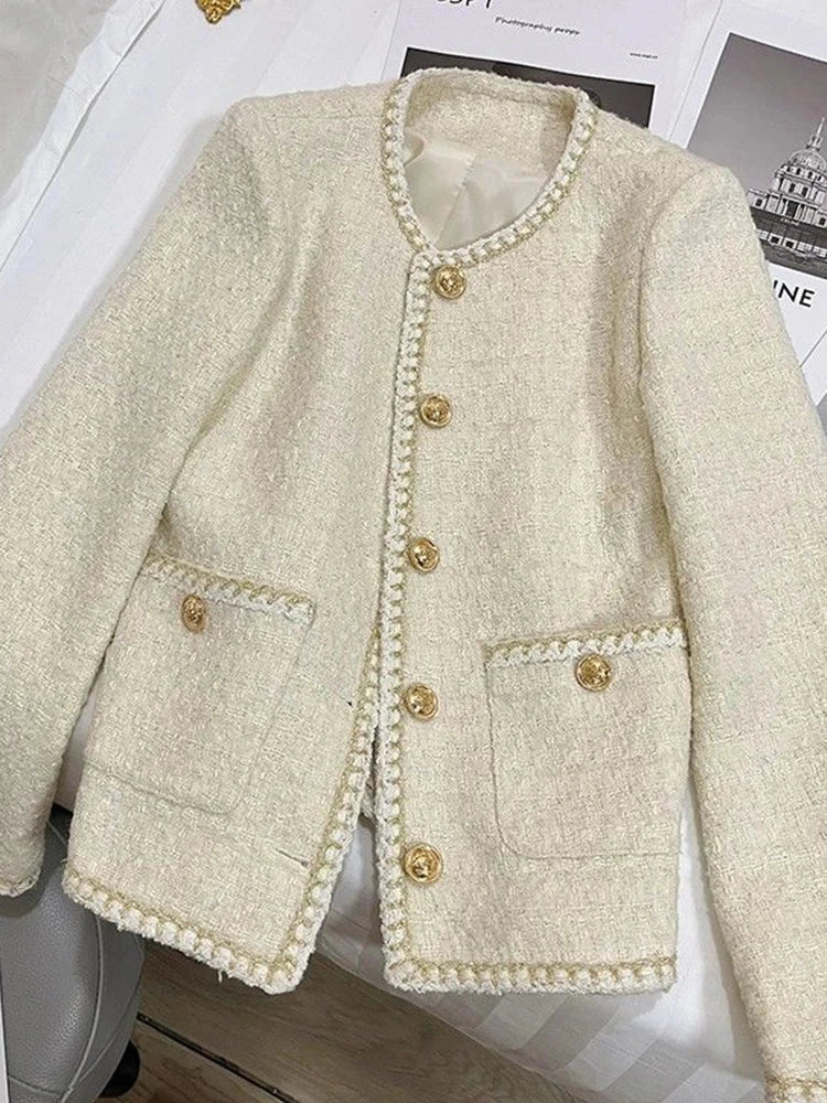 French Sweet Tweed Jacket Women O Neck Elegant Slim Long Sleeve Coat Vintage Casual Single Breasted Female Fall Winter Tops voguable