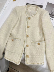 French Sweet Tweed Jacket Women O Neck Elegant Slim Long Sleeve Coat Vintage Casual Single Breasted Female Fall Winter Tops voguable