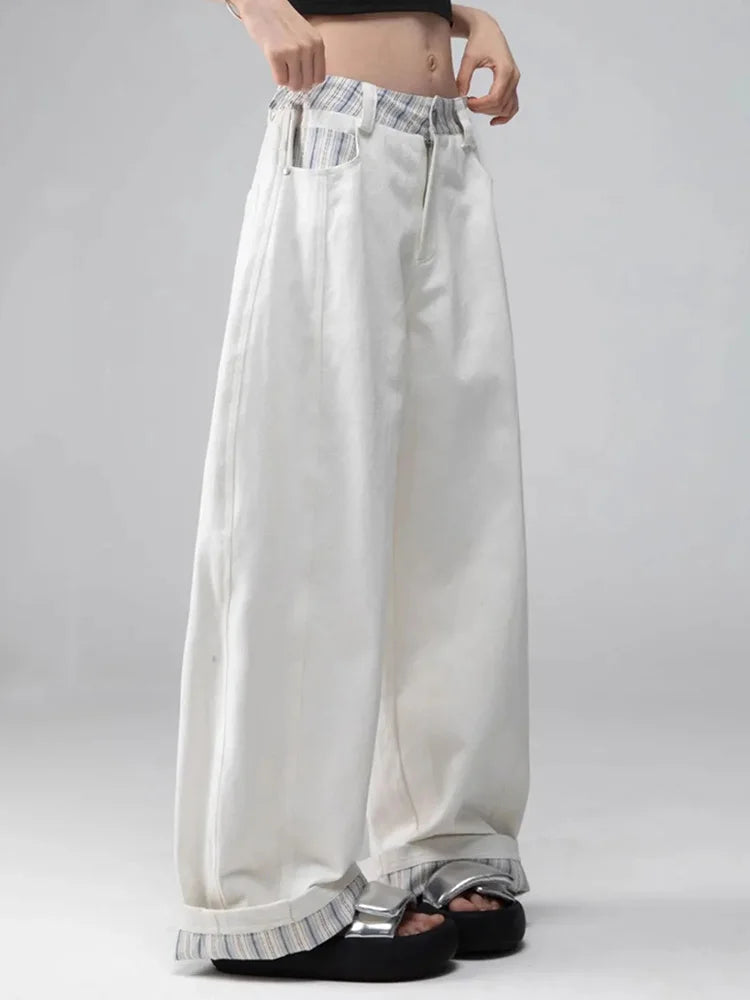 Plaid Patchwork Wide Leg Pants Women Loose Vintage Streetwear Straight Trousers High Waist Hip Hop Bf American Retro Pant New voguable