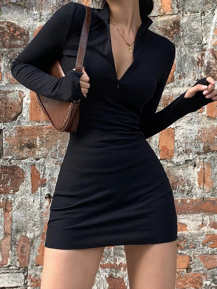 Voguable Autumn Winter Stretch Slim Soft Ribbed Knitted Turtleneck Dress Woman Fashion Solid Black Casual Bodycon Zip Dress voguable