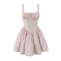 Sexy Elegant Women Lace Trim  Floral Print Mini Dress Low Waist Square Neck Female Summer Party Dress Holiday Robe