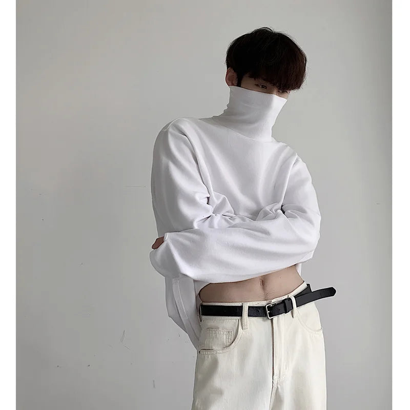 High Collar T Shirt Men Oversized Fashion Black White Casual Tshirt Men Korean Loose Long Sleeve T-shirt Mens Top M-2XL voguable