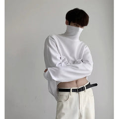 High Collar T Shirt Men Oversized Fashion Black White Casual Tshirt Men Korean Loose Long Sleeve T-shirt Mens Top M-2XL voguable