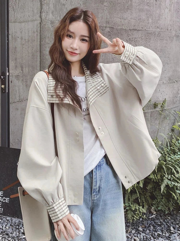 Korean Sweet Chic Jacket Women Loose Fall Long Sleeve Elegant Short Coat Fashion Plaid Patchwork Preppy Style Cute Outwear Tops voguable