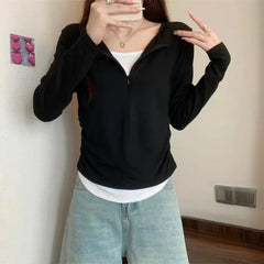 Long Sleeve T Shirt Women Fashion Fake Two Pieces Patchwork Basic Slim Zipper Slimming Bottoming Shirt Retro Red Casual T-shirt voguable