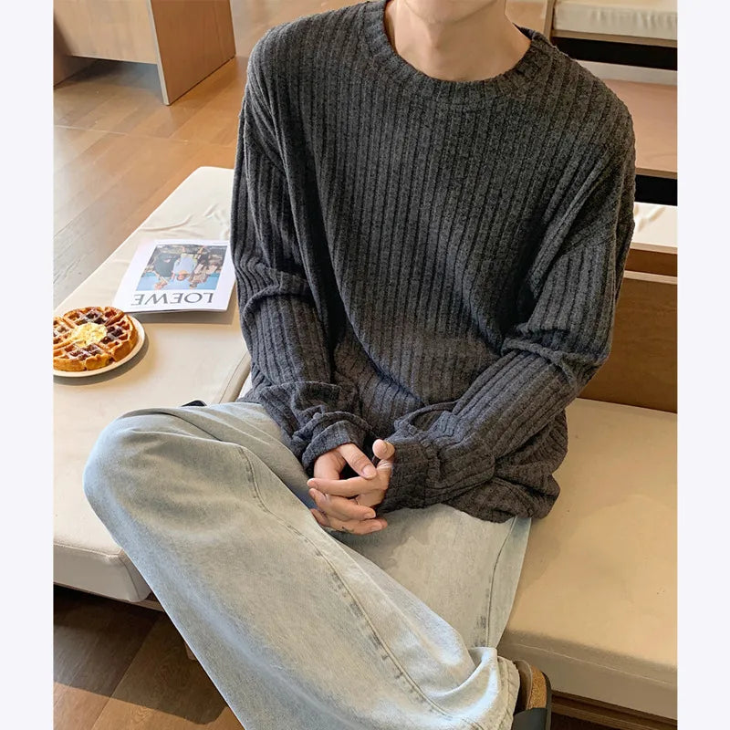 Autumn Long Sleeved T-shirt Men Oversized Fashion Casual Striped T Shirt Men Streetwear Korean Loose Round Neck Tshirt Mens Top voguable