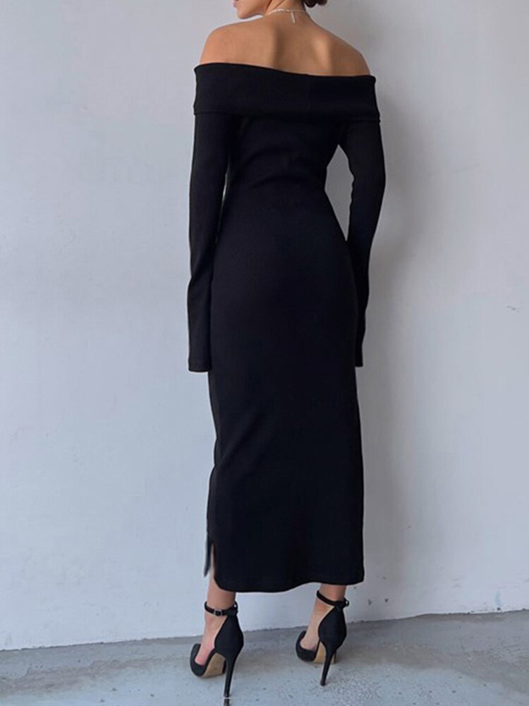 Black Knitted Off-Shoulder Long Dress mysite