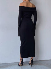 Black Knitted Off-Shoulder Long Dress mysite
