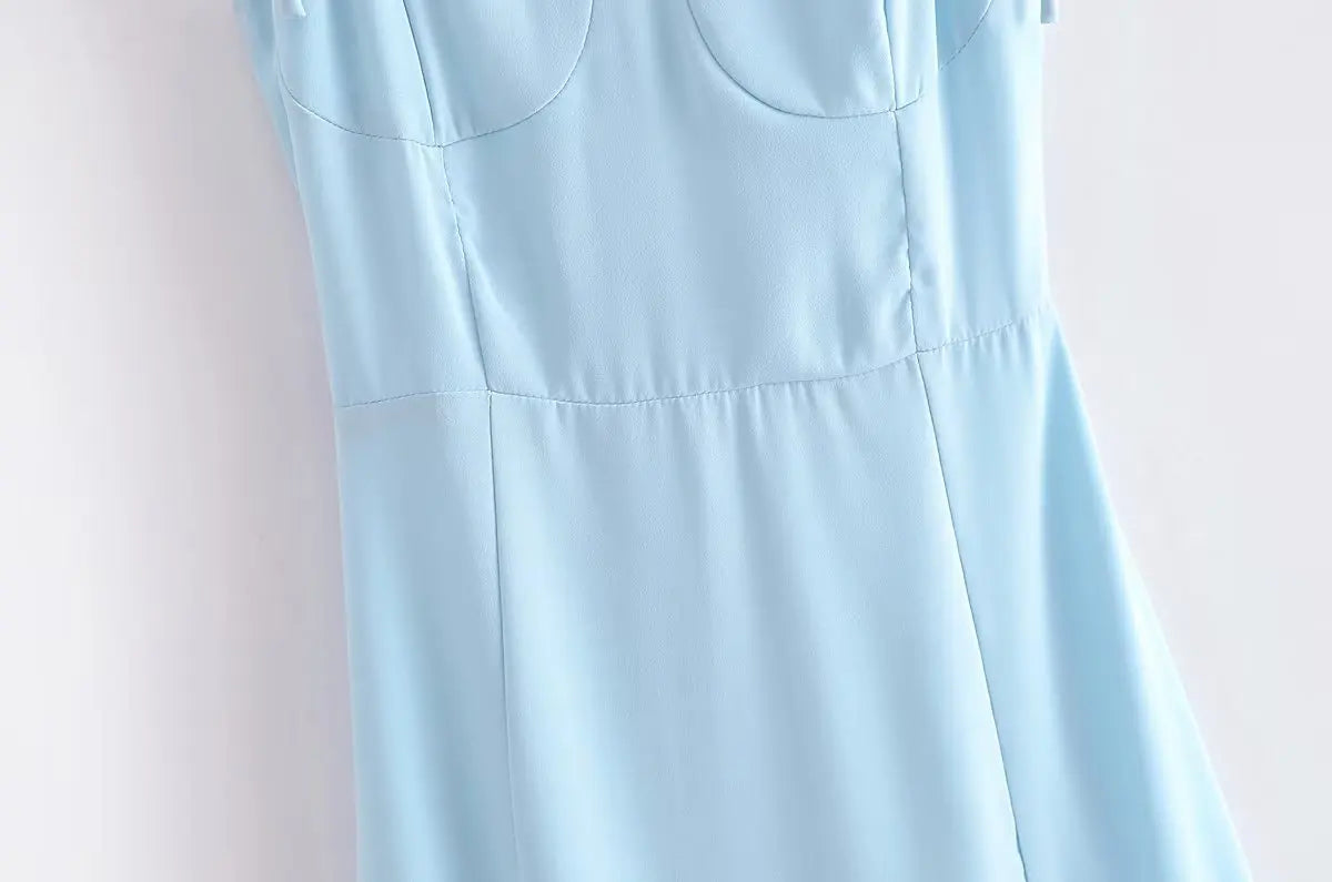 Voguable  Women French Style Light Blue Front Slit Sling Dresses Sexy Sleeveless High Waist Female Holiday Summer Chiffon Dress voguable