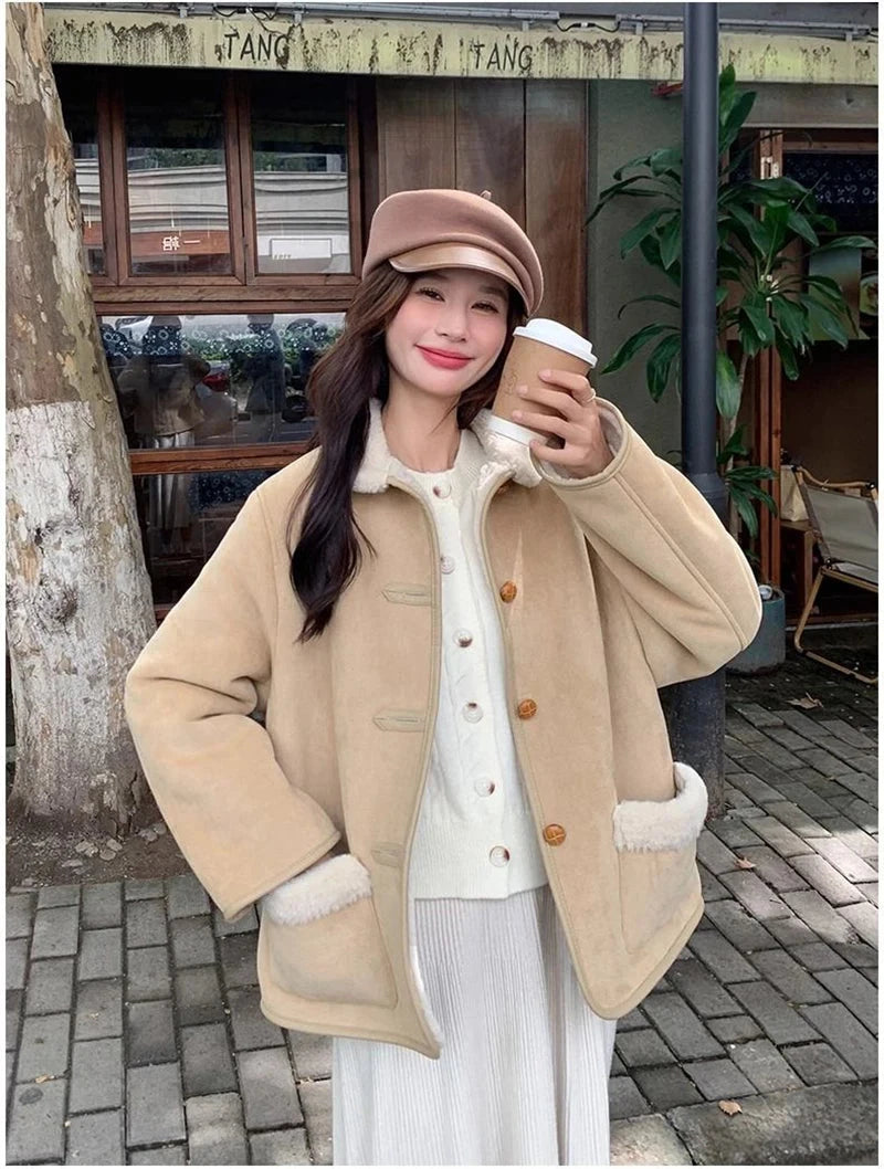 Women Faux Lamb Suede Jacket Winter Warm Long Sleeve Sweet Cotton Coat Korean Pockets Female Thick Vintage Outwear Tops voguable