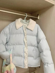 Blue Floral Patchwork Parkas Women Korean Sweet Winter Warm Puffy Coat Casual Long Sleeve Loose Preppy Style Cotton Jacket voguable