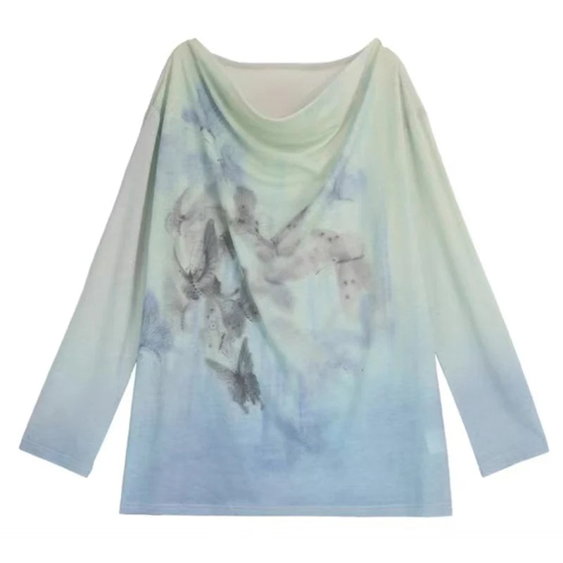 Gradient Fall 2025 Fashion Woman Oversize Graphic T Shirts Long Sleeve Top Cowls Blue Tee Autumn Streetwear Clothing voguable