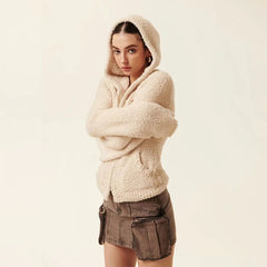Autumn Winter Women Flare Sleeve Sweaters Coats Hooded Solid Zipper Pockets Vintage Lazy Wind Feather Down Cardigan Knit Tops voguable