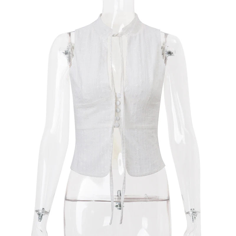 y2k Tank Top Women Summer Clothes White Flower Embroidery Mock Neck Front Cutout Sleeveless T Shirt Vest Streetwear voguable