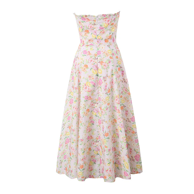Women Floral Print Sexy Elegant Strapless Dress Front Slit A-line Midi Cotton Summer Dresses Party Robe