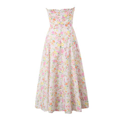 Women Floral Print Sexy Elegant Strapless Dress Front Slit A-line Midi Cotton Summer Dresses Party Robe