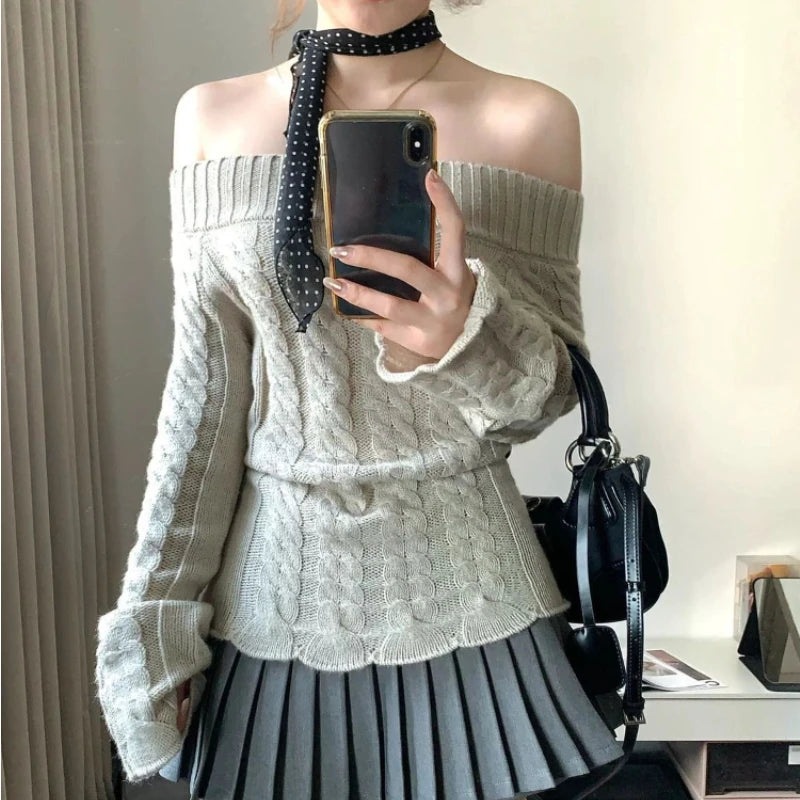 Korean Style Sexy Off Shoulder Sweater Women Sweet Elegant Long Sleeve Knitted Pullover Cute Fashion Slim Up Sweaters voguable