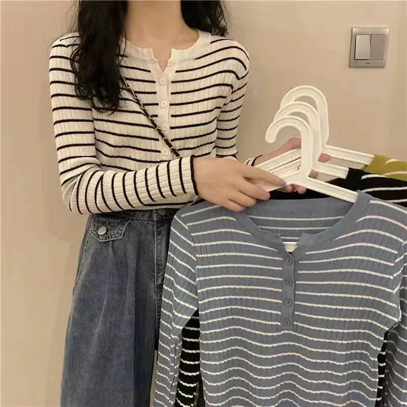 Voguable  Korean Fashion Stripe Knitted Tops Women Y2k Slim Fit Sweaters Mujer Early Autumn New Bottoming Pullovers voguable