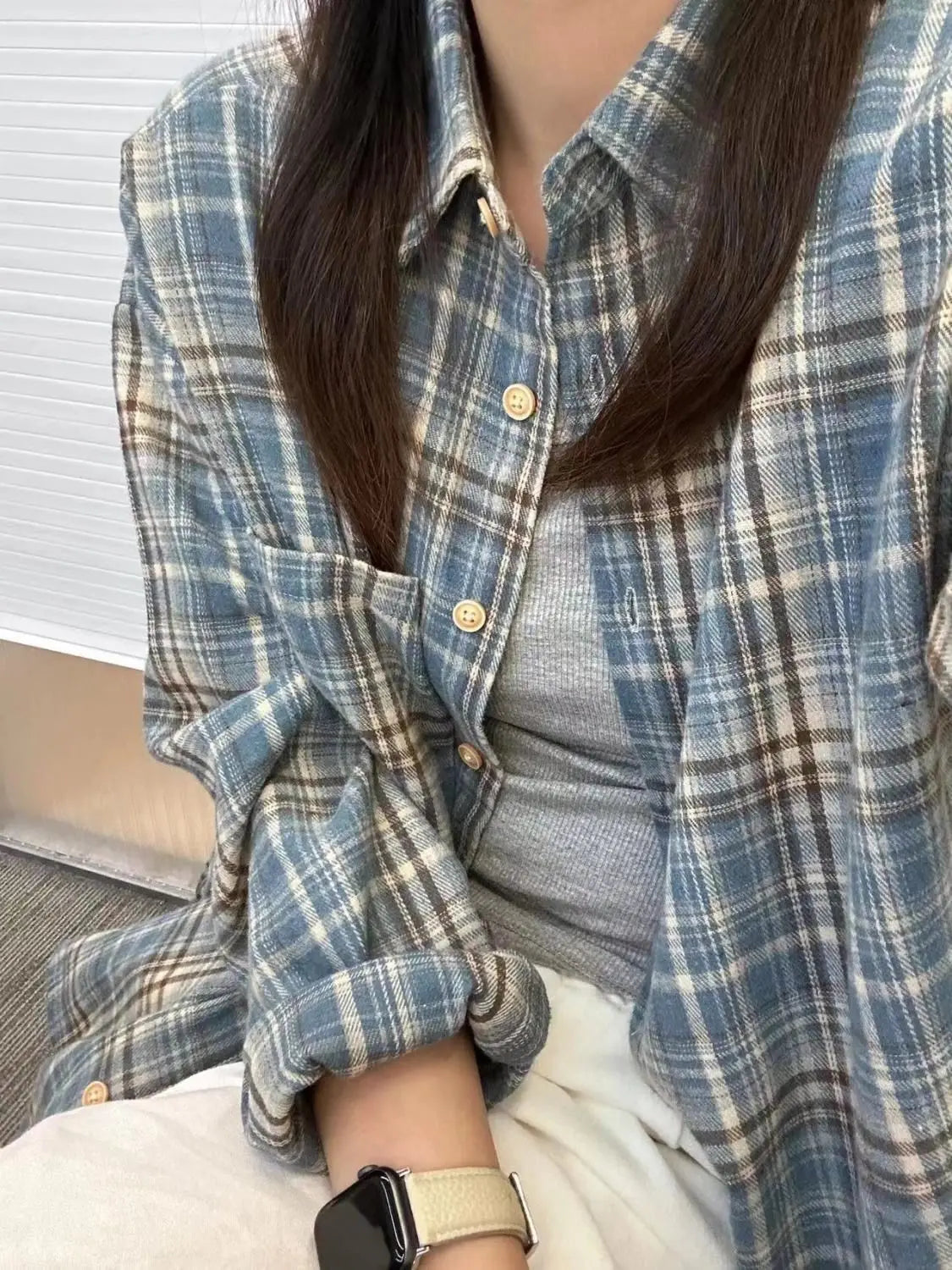 Women Shirt Women Long Sleeve Mid Length Vintage Blue Plaid Pocket Turn down Collar Preppy Style Shirts Blouse Female Cardigan voguable