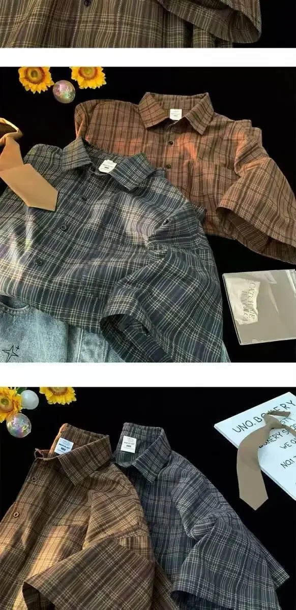 Japanese Vintage Plaid Short Sleeve Shirt Men's Streetwear Loose Fit Casual Stylish Versatile Half Sleeve Underwear voguable