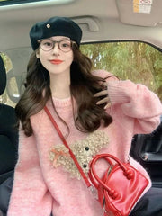 Cute Cartoon Pink Sweater Women Sweet Long Sleeve Knitted Kawaii Jumper Vintage Japan O Neck Lady Casual Lazy Wind Tops New voguable